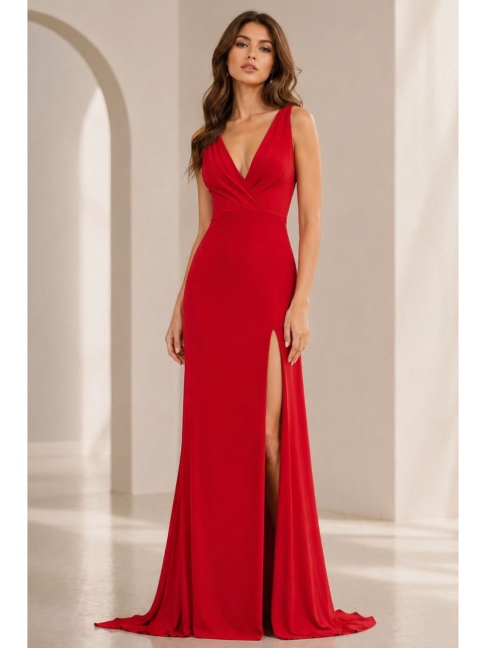 NWT Ieena Mac Duggal Sleeveless V Neck Jersey Gown in Red sz 6 12336 Prom Dress